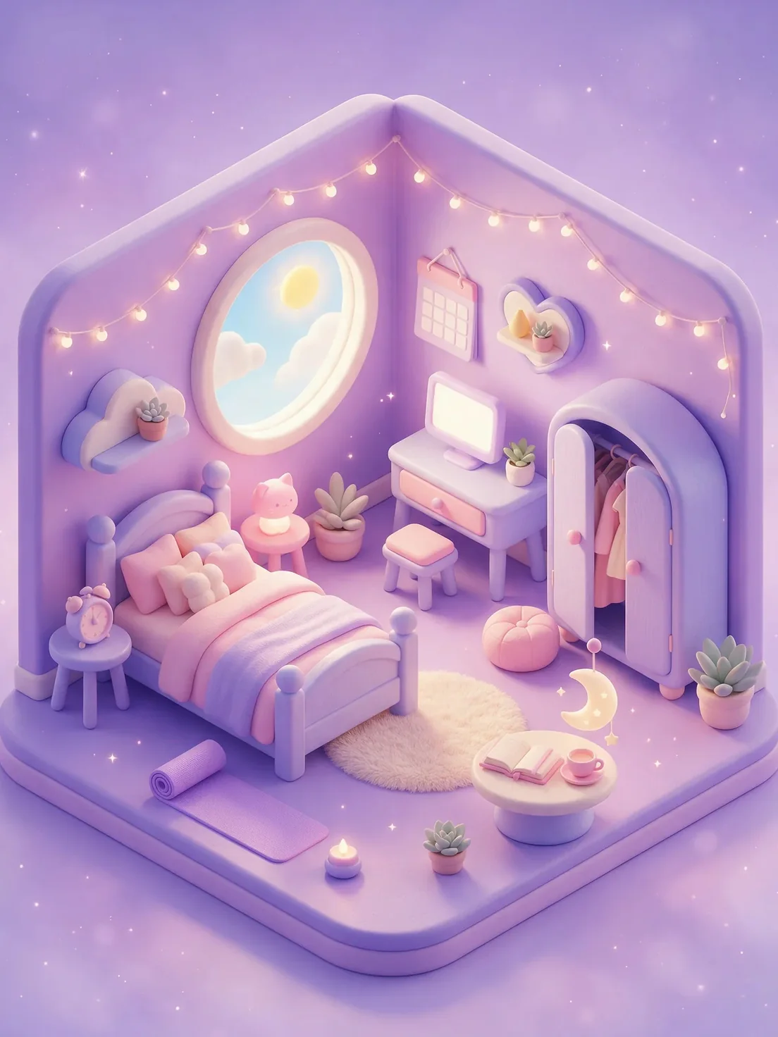 Rhea's room: a pastel bedroom with a round window, a desk, a wardrobe and fairy lights