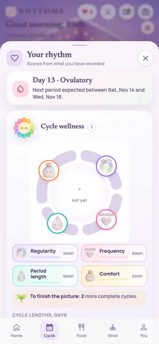 Your rhythm: the cycle day, the next period window and cycle wellness