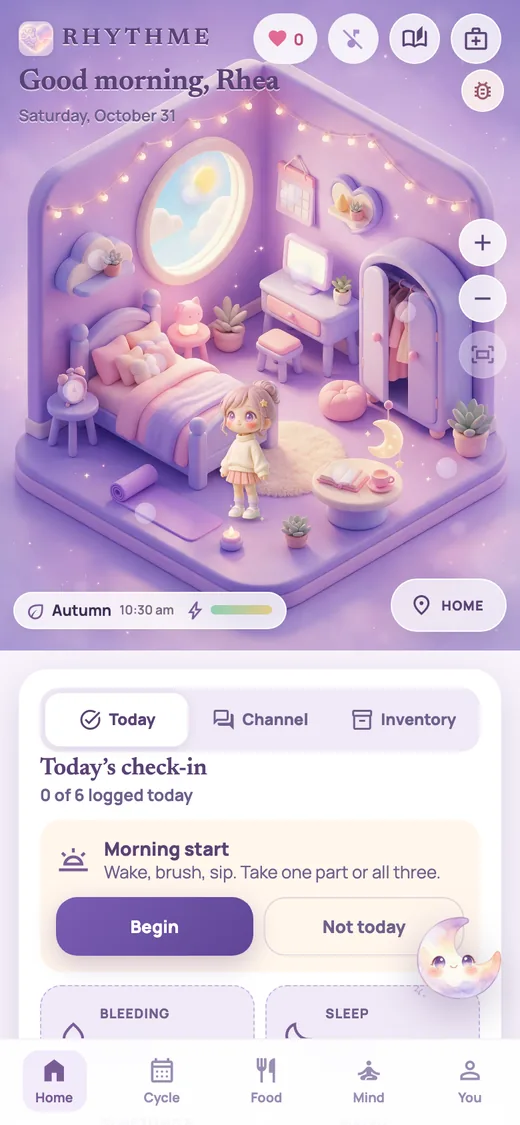The home screen: Rhea's room with today's check-in below